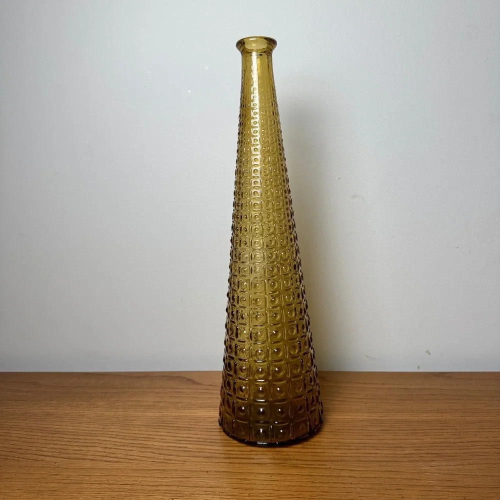 Vintage Tall Empoli Genie Amber Glass Bottle Decanter Italy Vase Embossed MCM‎